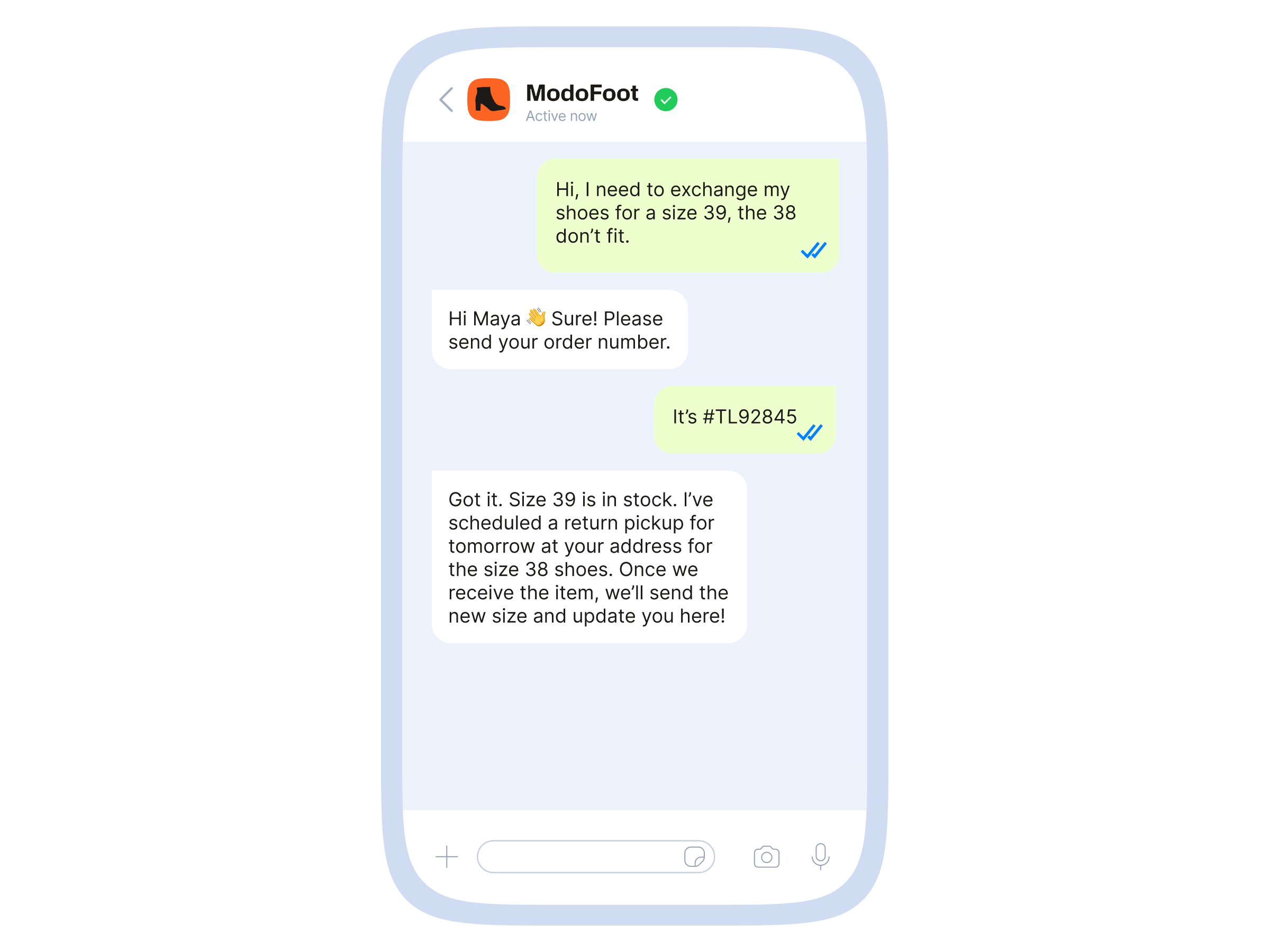 Chat exchange between a customer and ModoFoot about exchanging shoes, including automated order processing and return instructions.