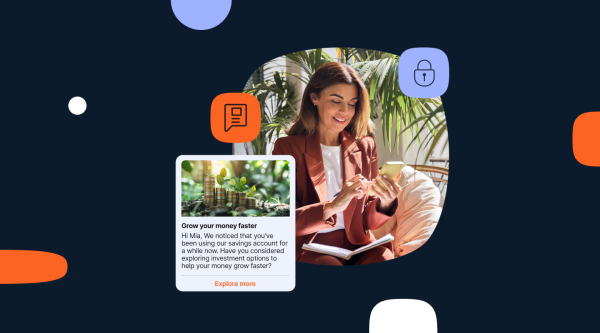 RCS Encryption blog header. A woman is looking at her phone as a message comes through from her bank. It says "Grow your money faster. Hi Mia, we noticed that you've been using our savings account for a while now. Have you considered exploring investment options to help your money grow faster?" and below a button that says, Explore more.