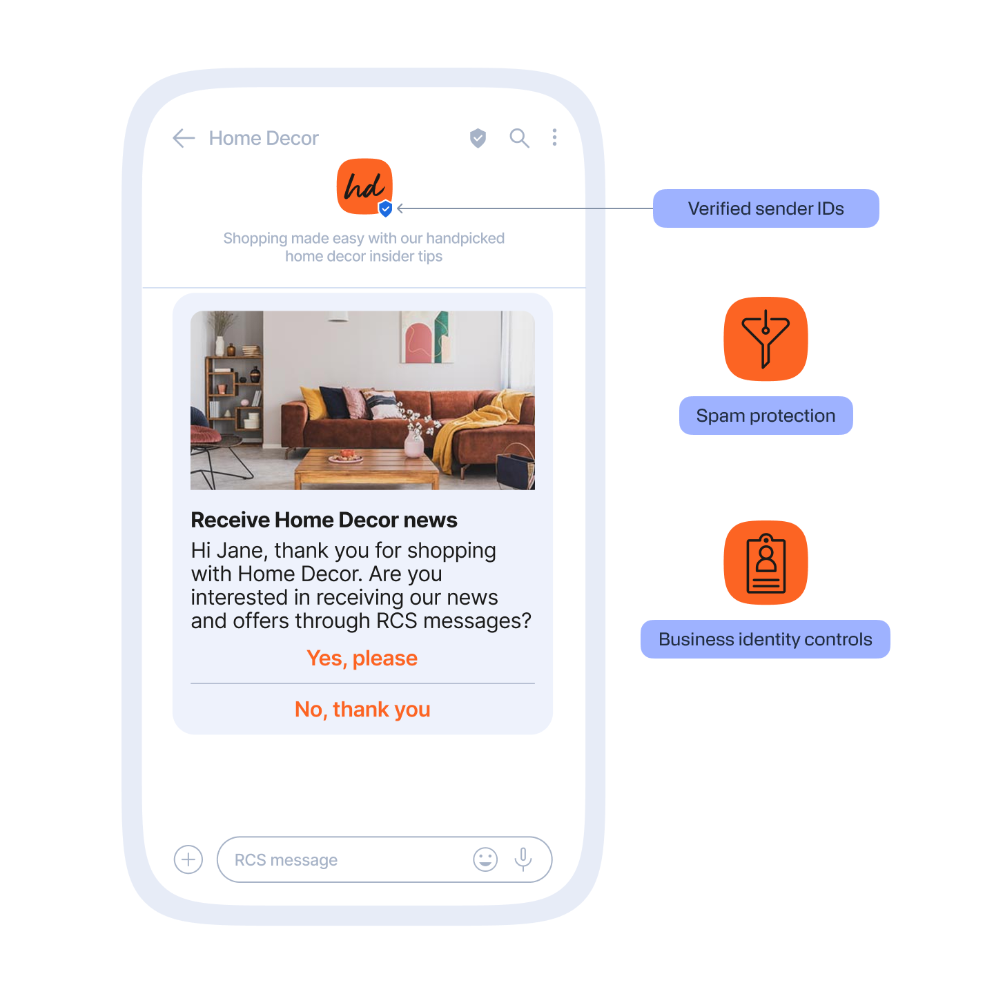 Title: Brand and Sender Verification Visual type: Chat bubble + checkmark graphic • A smartphone mockup showing a branded RCS chat thread. • At the top: sender name with a blue checkmark. • Three small labels around the phone: o Verified sender IDs (with shield/check icon) o Spam protection (with filter icon) o Business identity controls (with ID card icon)