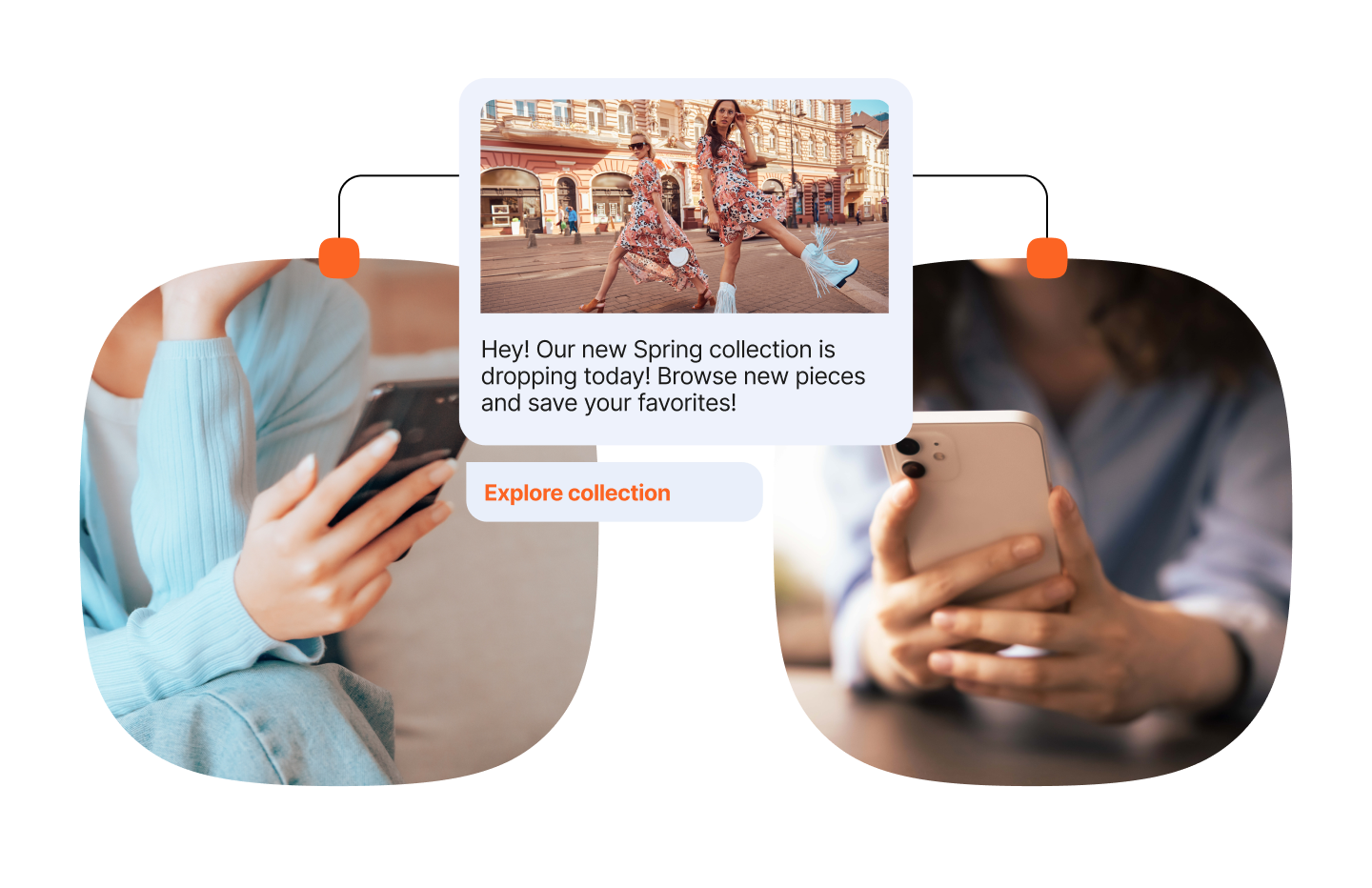 A visual showcasing two people on phones, one person is holding an android phone and one is holding an iPhone. There is an RCS message in the middle, showcasing how the message now looks the same on both phones. The message reads: Hey! Our new spring collection is dropping today!Browse new pieces and save your favprites! There is a button below the message "Explore collection" and the message itself has an image.