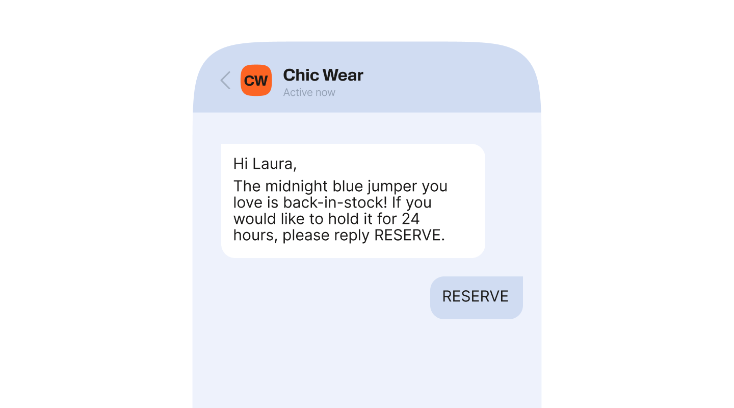 A chat message from a brand to Laura stating that the midnight blue jumper she loves is back in stock and offering to hold it for 24 hours if she replies with "RESERVE."
