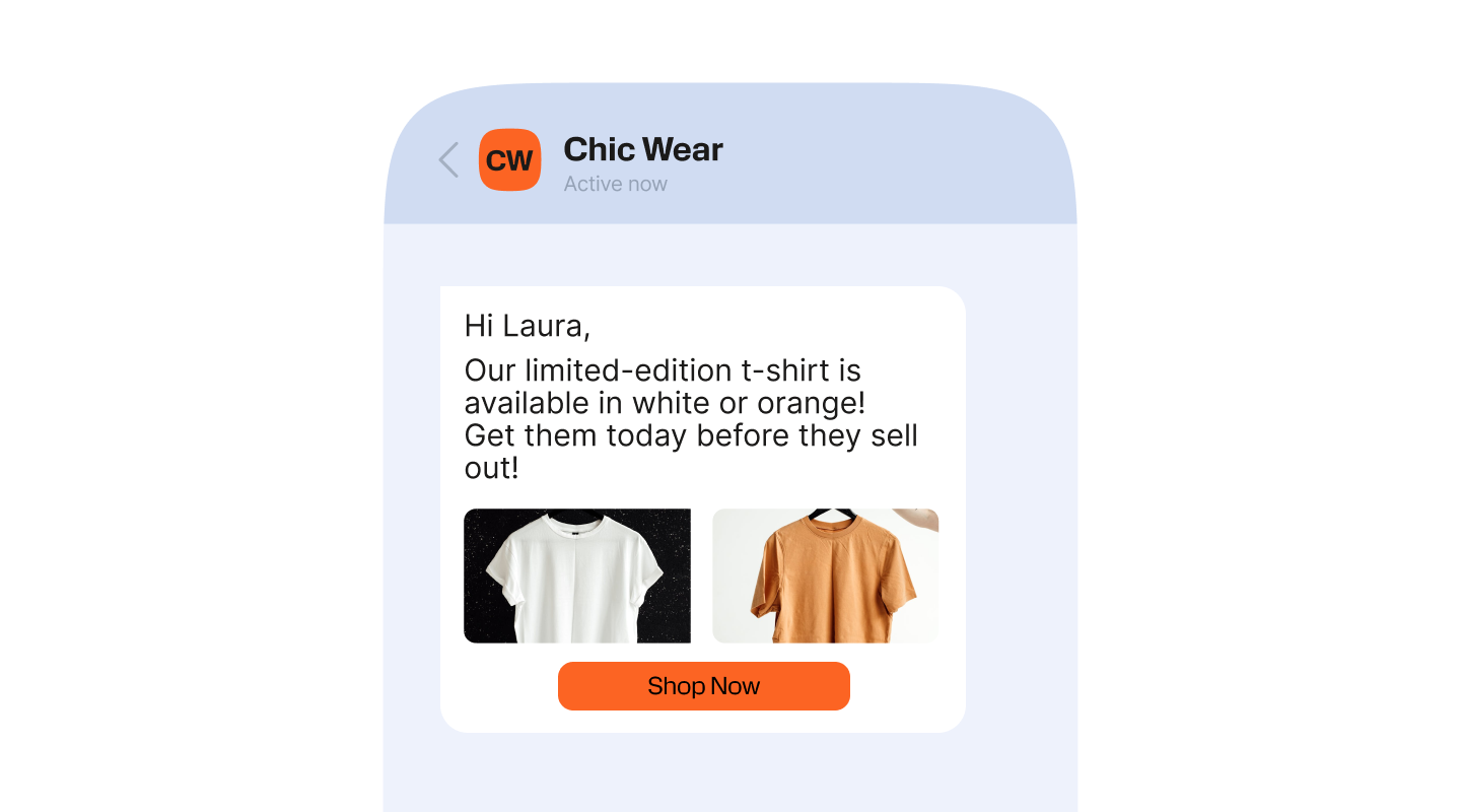 A message from a brand promoting a limited-edition t-shirt available in white or orange, encouraging immediate purchase before they sell out.