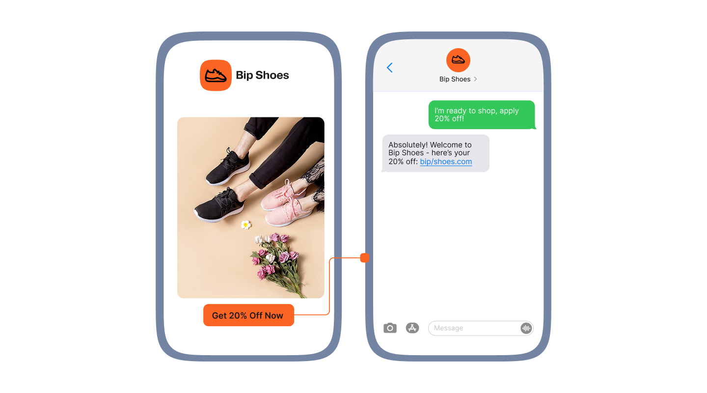 Two smartphone screens showing a promotional interaction from Bip Shoes. The left screen displays an image of a pair of black sneakers and a pair of pink sneakers. Below the image is an orange button labeled "Get 20% Off Now." The right screen shows a chat conversation where the user texts, "I’m ready to shop, apply 20% off!" Bip Shoes replies, "Absolutely! Welcome to Bip Shoes – here’s your 20% off," followed by a clickable link: bip/shoes.com.