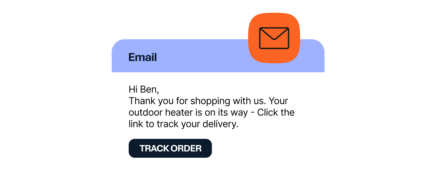 An email notification from a webshop addressed to Ben, thanking him for shopping and informing him that his outdoor heater is on its way with a link to track the order.