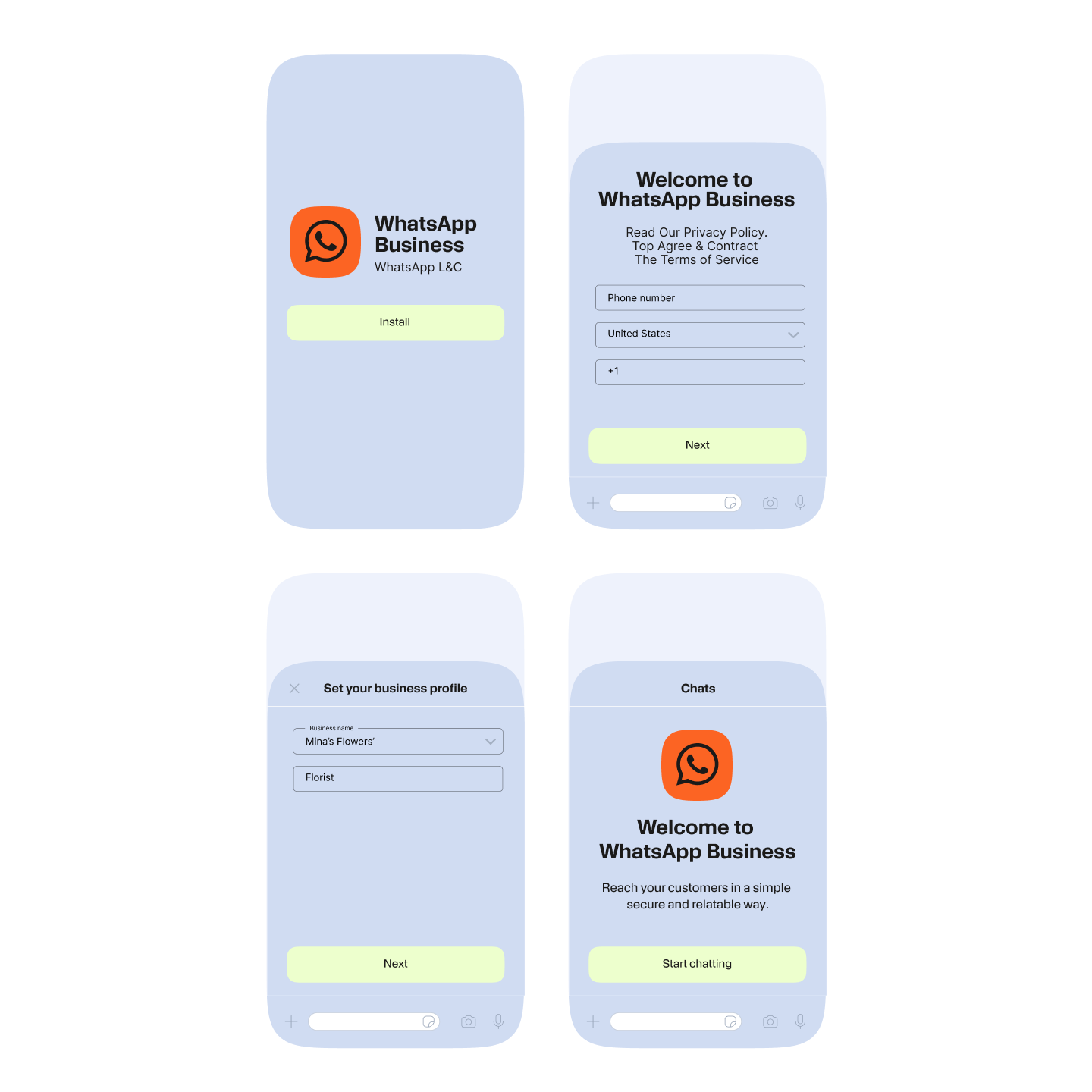 Examples of the screens that you will navigate when creating a WhatsApp Business account using the mobile app.