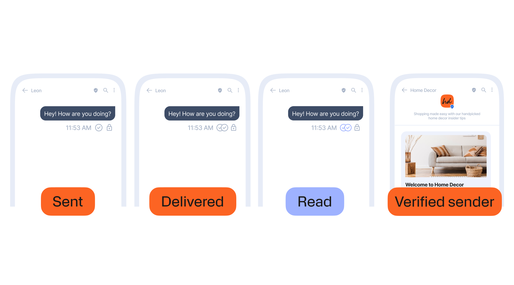 Four smartphone chat screens showing RCS checkmarks: Sent with one checkmark, Delivered with two checkmarks, Read with two checkmarks highlighted in blue, and verified sender.