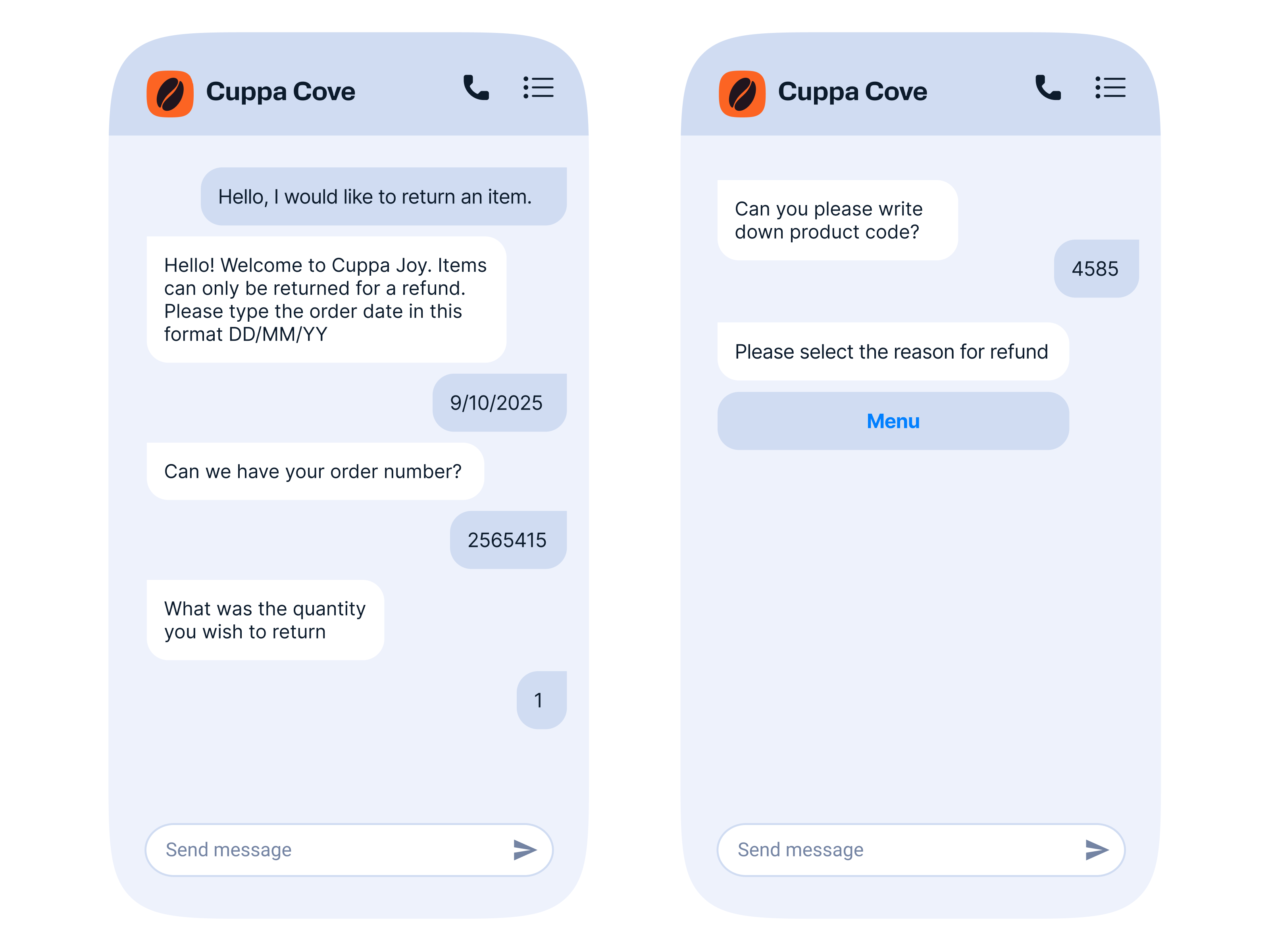 Two smartphones displaying the Cuppa Cove chat interface. The left screen shows a customer requesting to return an item and providing order details, date, and quantity. The right screen asks for a product code and the reason for the refund, with the user entering a code and being prompted to select a reason from a menu.