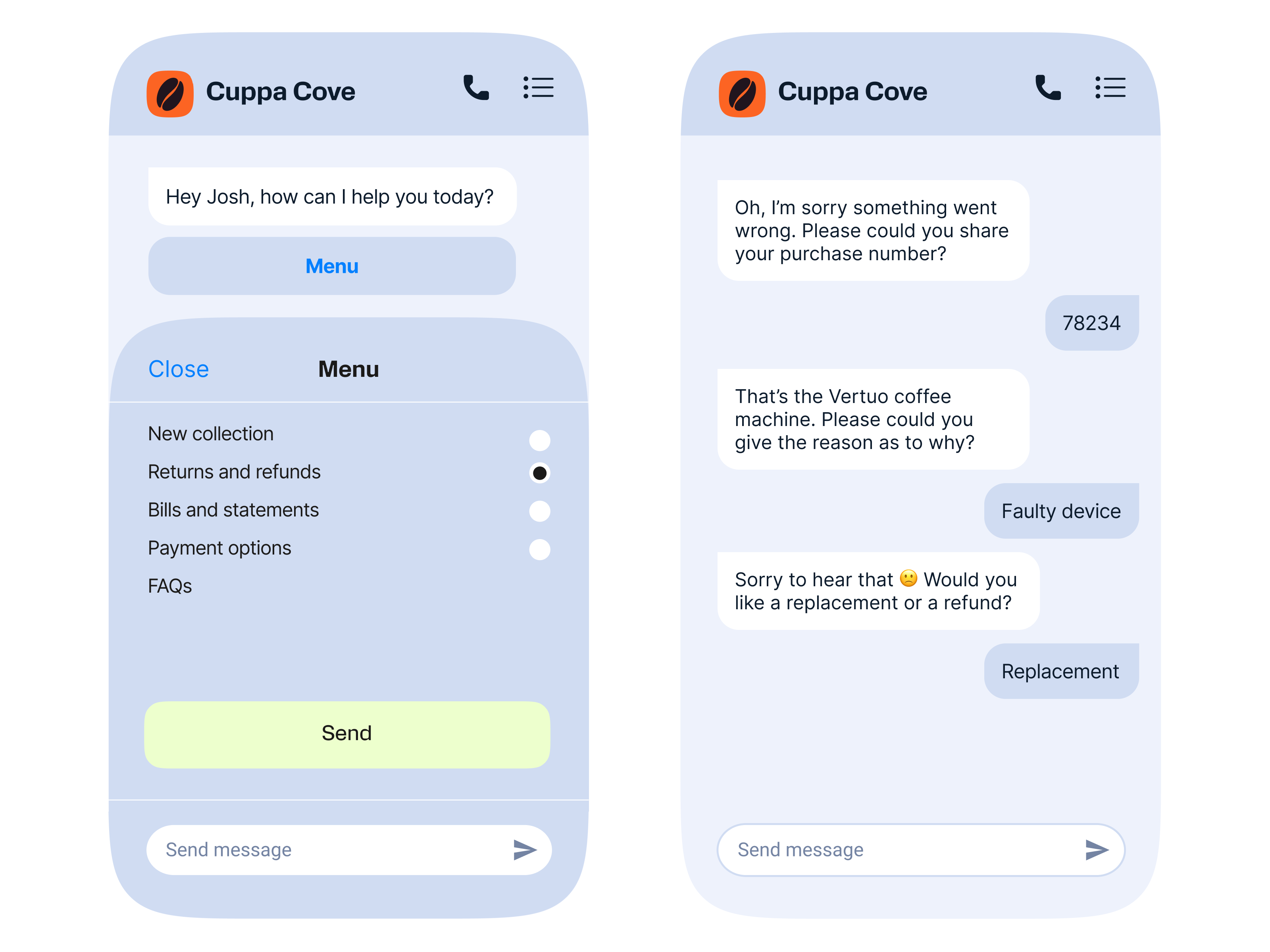 Two smartphones displaying the Cuppa Cove chat interface. The left screen shows a menu with options such as new collection, returns and refunds, bills and statements, payment options, and FAQs, with “Returns and refunds” selected. The right screen displays a conversation where the customer provides a purchase number, states the reason as a faulty device, and is offered a choice between a replacement or a refund, selecting replacement.