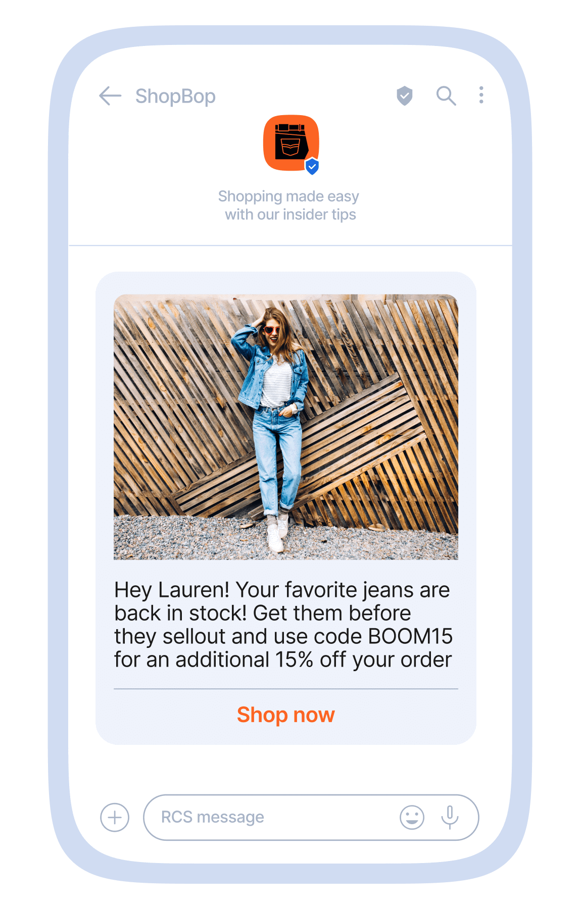 Mobile message announcing the restock of popular jeans with a time-sensitive discount offer.