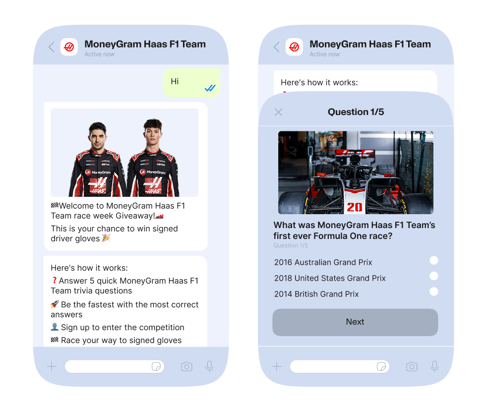 Two smartphone screens showing a chat interaction with the MoneyGram Haas F1 Team. The first screen displays a message inviting users to participate in a race week giveaway to win signed driver gloves, explaining how to enter by answering trivia questions. The second screen shows the first quiz question with a photo of a Haas F1 car in the garage, asking about the team's first Formula One race, with multiple-choice answers listed below.