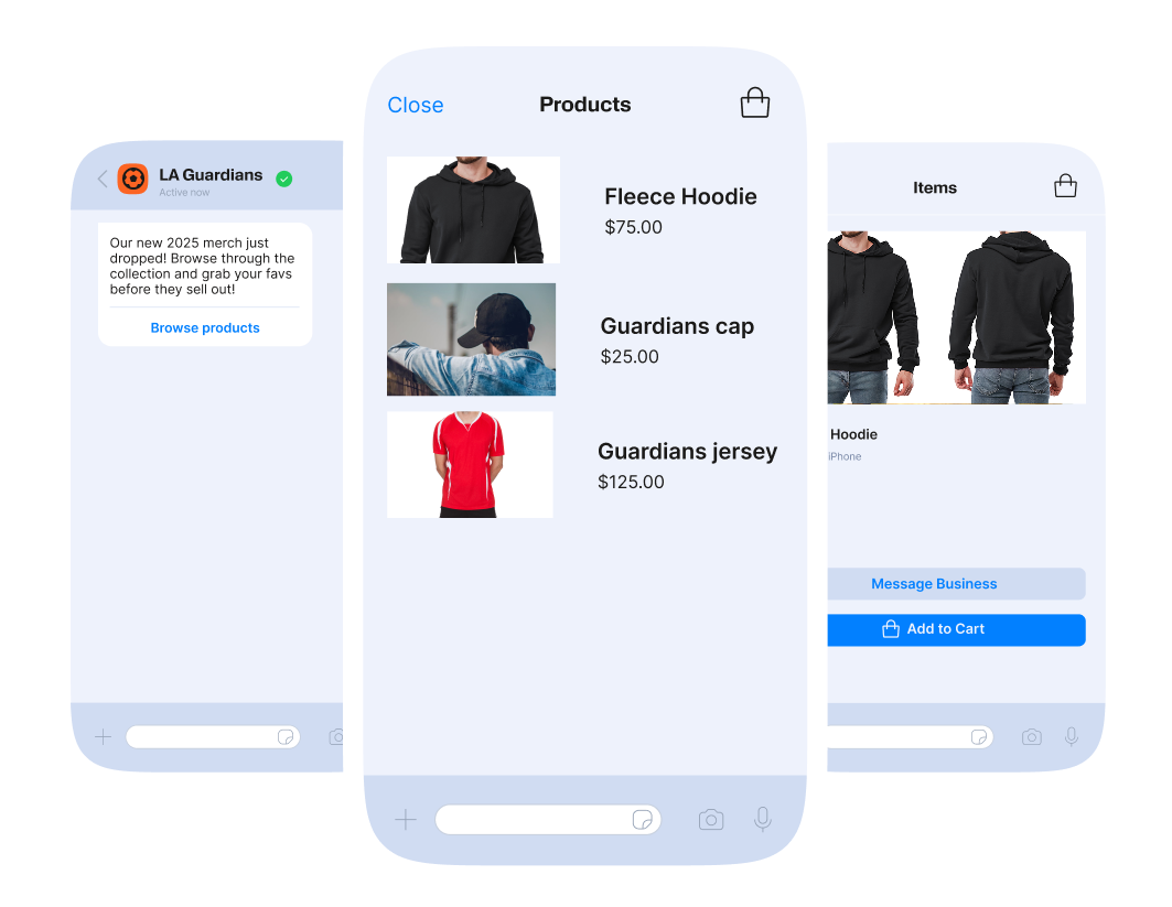 Three smartphone screens showing a chat and shopping experience with LA Guardians. The first screen displays a chat message announcing new 2025 merchandise and an option to browse products. The middle screen shows a product list with images and prices for a fleece hoodie, Guardians cap, and Guardians jersey. The last screen shows a fleece hoodie product page with options to message the business or add the item to the cart.