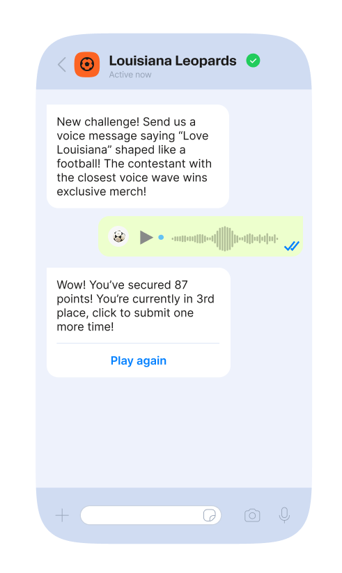 A smartphone screen displaying a chat with Louisiana Leopards. The conversation presents a challenge to send a voice message saying "Love Louisiana" shaped like a football, with the closest match winning exclusive merchandise. The response shows a recorded voice message and a follow-up message congratulating the user for securing 87 points and being in 3rd place, with an option to play again.