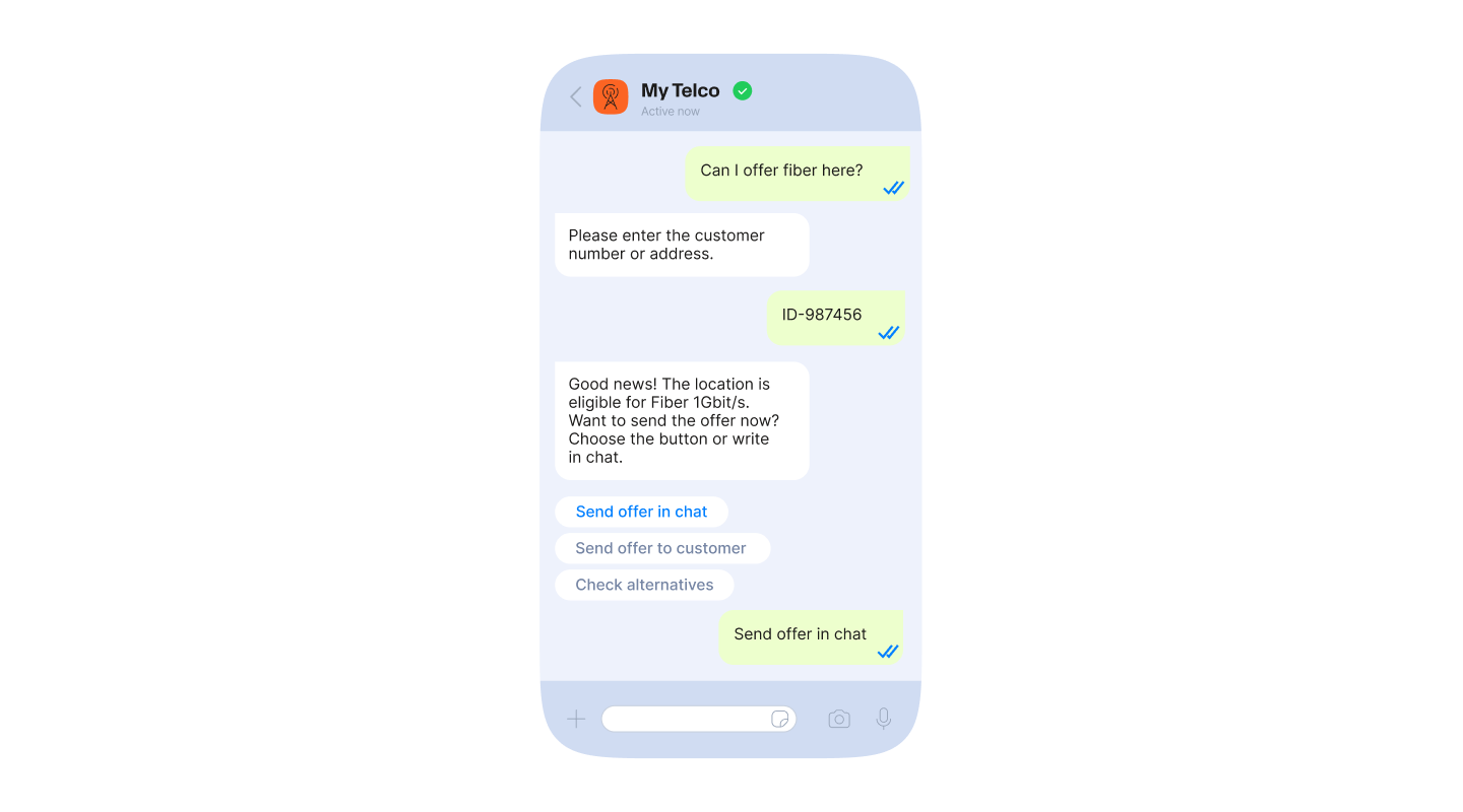 A smartphone screen shows a chat conversation with My Telco AI-powered chat. The technician asks, "Can I offer fiber here?" and is prompted to enter the customer number or address. The technician replies with "ID-987456." My Telco responds, "Good news! The location is eligible for Fiber 1Gbit/s. Want to send the offer now? Choose the button or write in chat," followed by three options: "Send offer in chat," "Send offer to customer," and "Check alternatives." The technician selects "Send offer in chat."