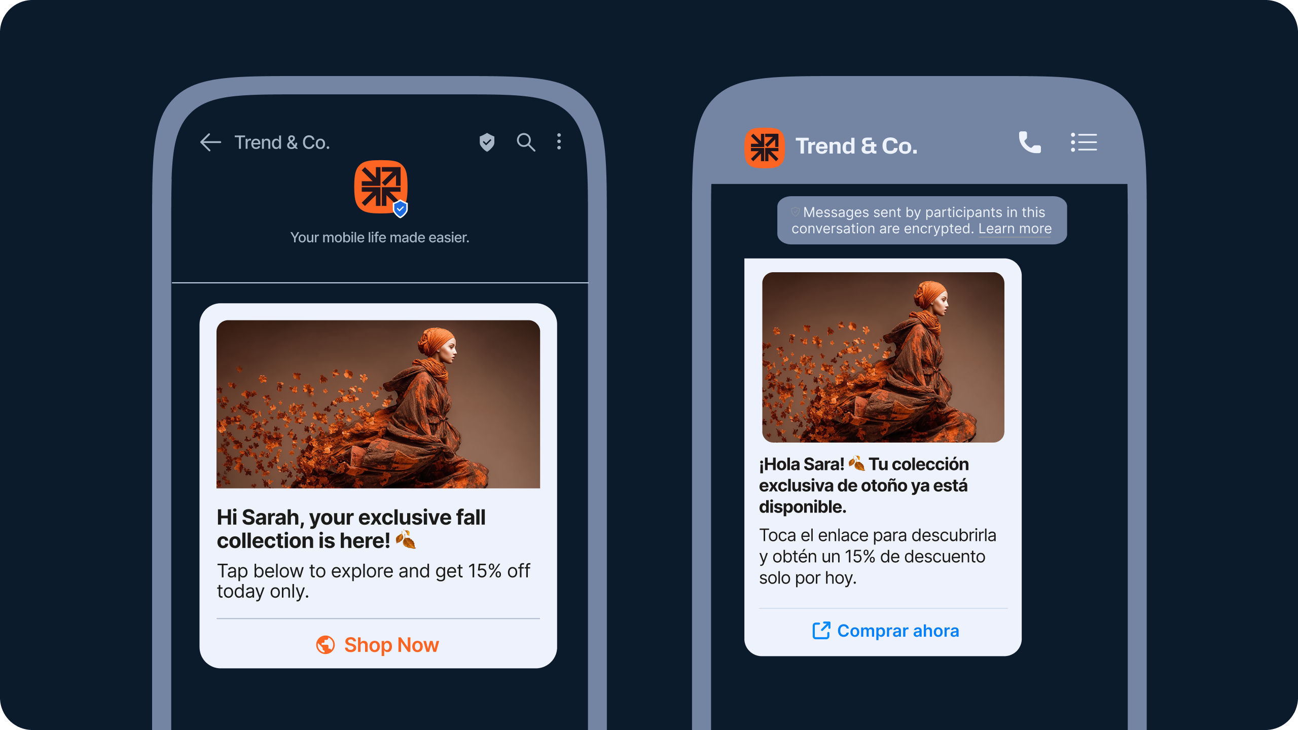 Duplicate side-by-side RCS and WhatsApp mockups promoting a seasonal sale with a 15% discount in English and Spanish.