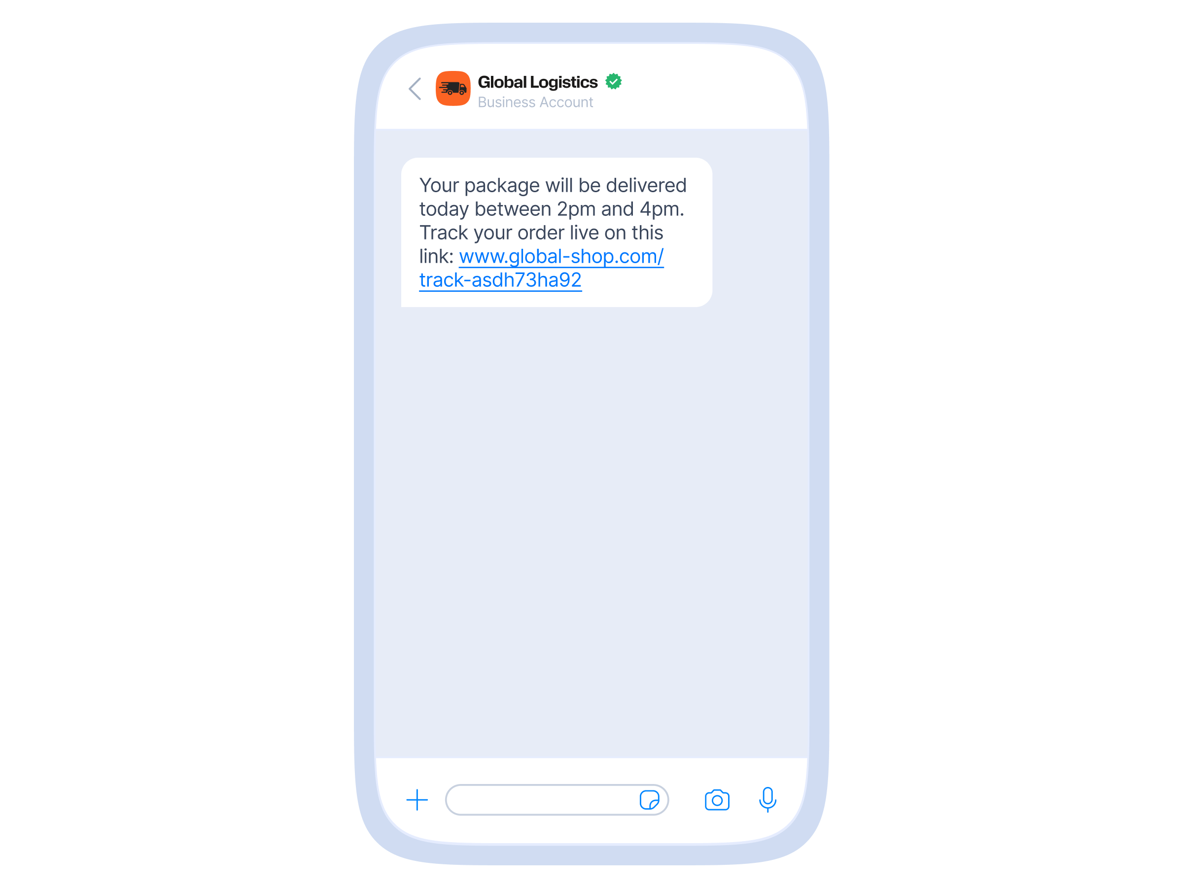 Smartphone screen displaying a message from Global Logistics informing the recipient about a package delivery between 2pm and 4pm, with a link to track the order live.
