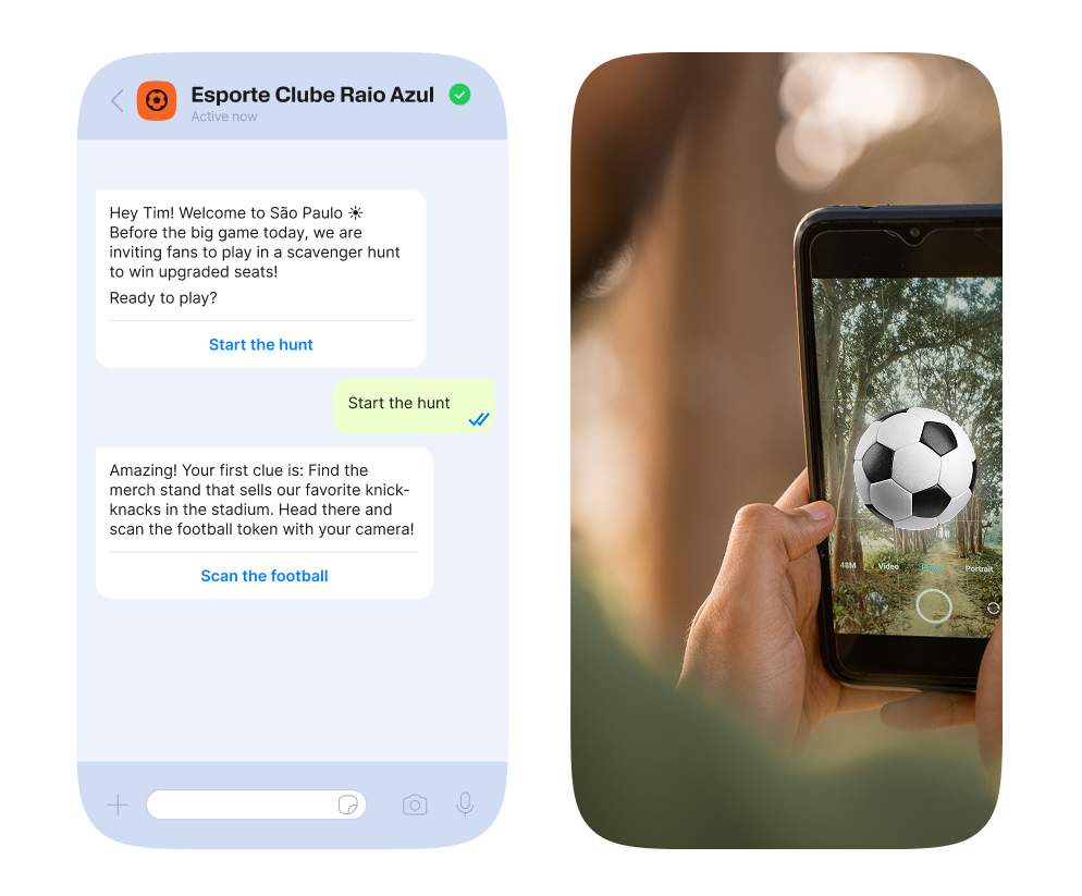 Two images side by side: the first shows a smartphone screen with a chat from Esporte Clube Raio Azul inviting the user to participate in a scavenger hunt to win upgraded seats, providing clues and prompts to start the game. The second image shows a hand holding a smartphone, using the camera to scan a digital football token in an outdoor setting.