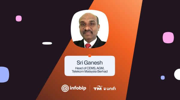 Portrait of Sri Ganesh, Head of CEMS, AGM at Telekom Malaysia Berhad, centered inside a rounded frame against a dark background with an orange diagonal accent. Below his portrait is a text box that reads: “Sri Ganesh, Head of CEMS, AGM, Telekom Malaysia Berhad.” Logos of Infobip, TM, and Unifi are displayed at the bottom.