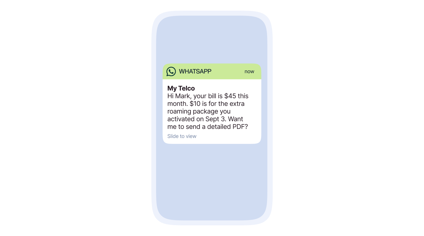 A smartphone screen displays a WhatsApp message from "My Telco" that reads: "Hi Mark, your bill is $45 this month. $10 is for the extra roaming package you activated on Sept 3. Want me to send a detailed PDF?"