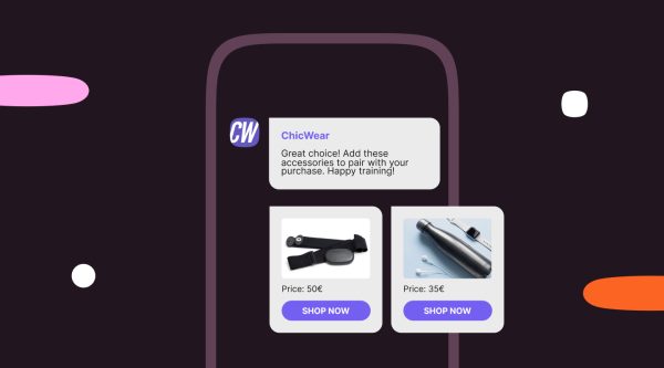 A dark background promotional graphic with colorful accents. On the left, large pink text says: “Engage, convert, retain: How retailers can win with Viber for Business.” The Infobip logo is in the top left corner. On the right, there is a smartphone mockup showing a Viber message from “ChicWear” promoting accessories to add to a purchase, with product images and “Shop now” buttons.