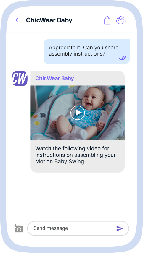 A smartphone screen displays a Viber message from “ChickWear.” The customer asked: “Appreciate it. Can you share assembly instructions?” The retailer replies with a video thumbnail of a baby in a swing. The text says: “Watch the following video for instructions on assembling your Motion Baby Swing.”
