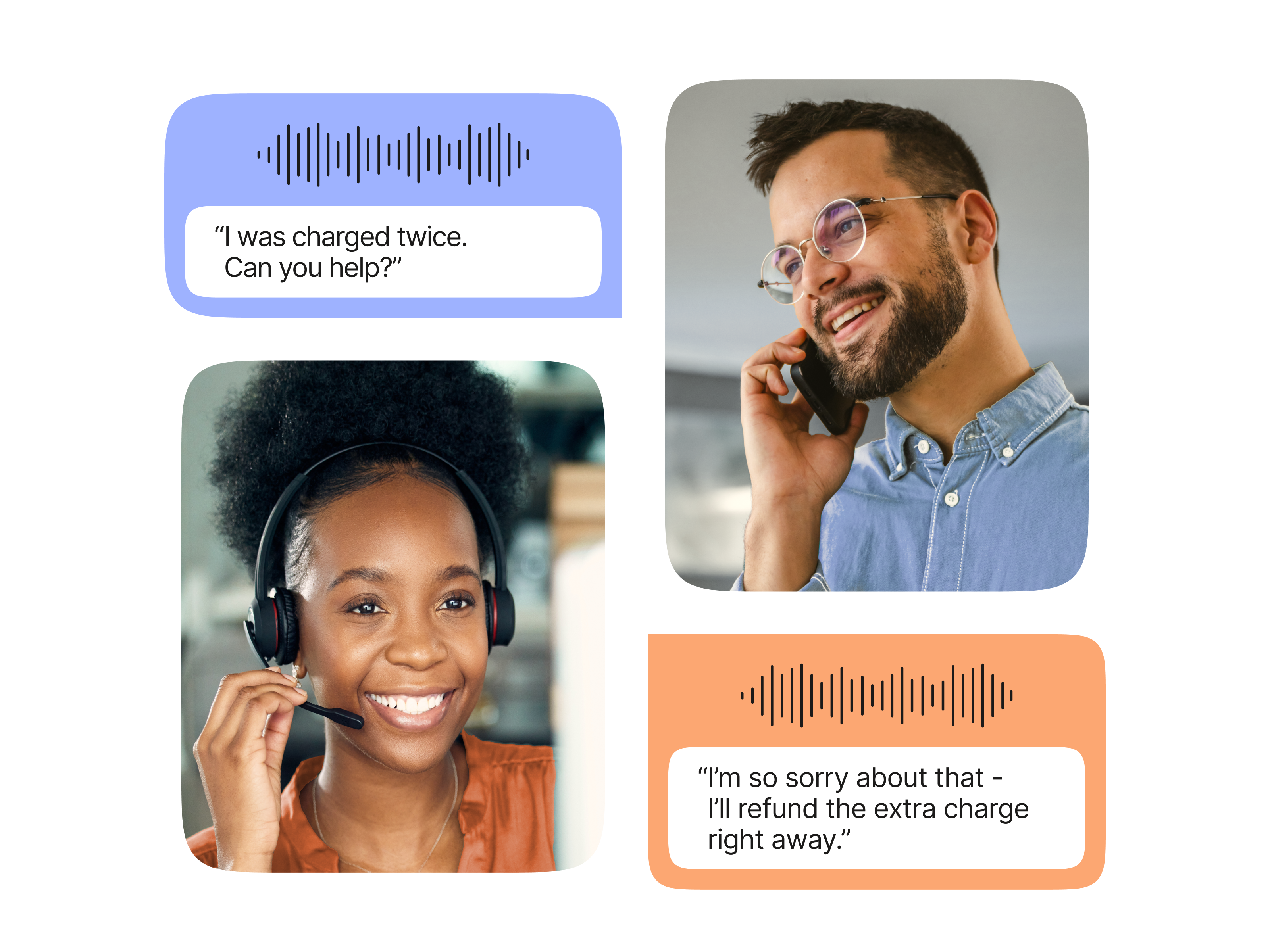 customer support scenario with two speech bubbles: one saying, “I was charged twice. Can you help?” and another replying, “I’m so sorry about that – I’ll refund the extra charge right away.” Accompanying these are photos of two people: one wearing a headset and another holding a phone to their ear, representing a customer and an agent.