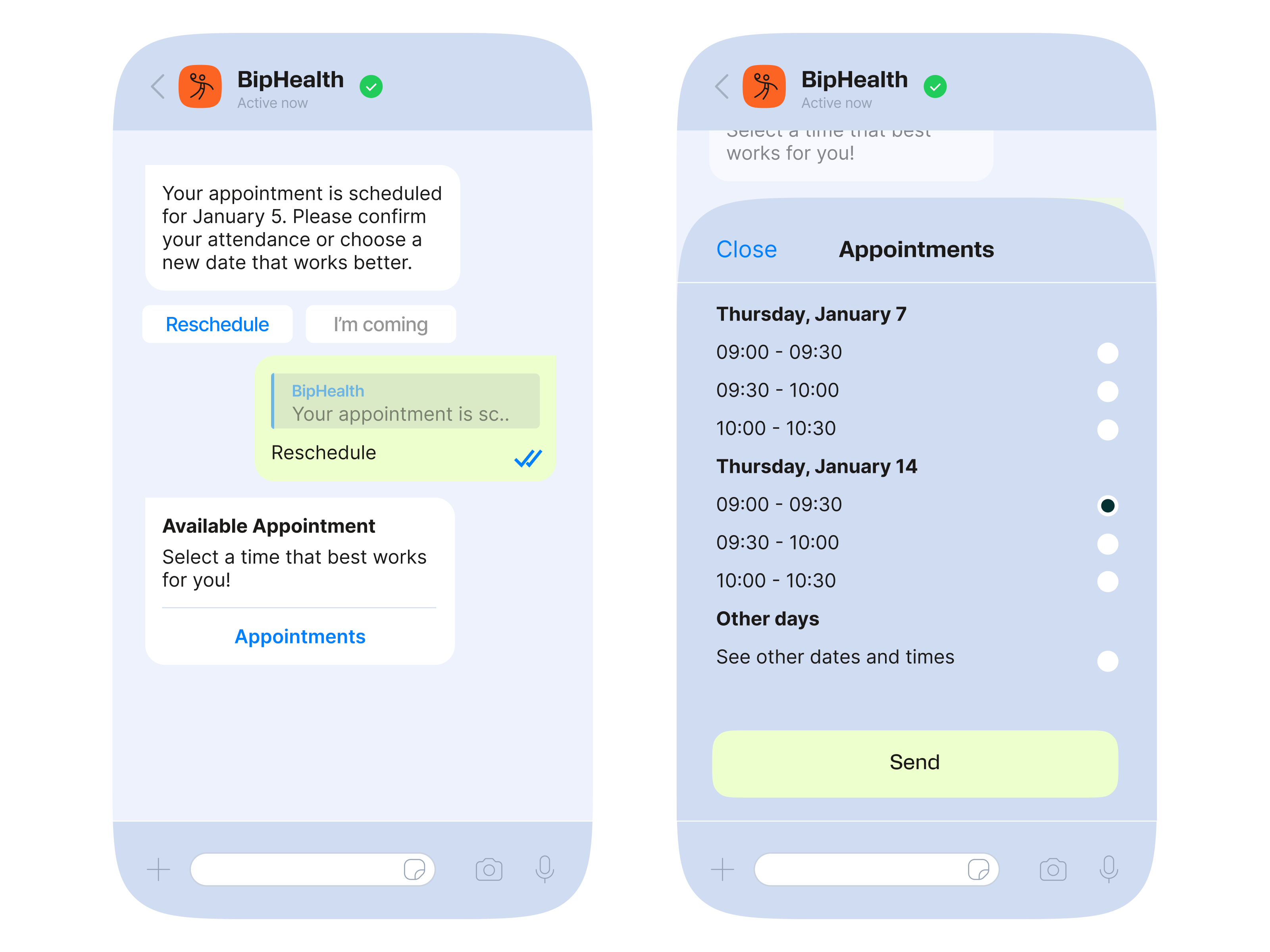 A WhatsApp schedule message example from BipHealth, where a patient receives an appointment reminder for January 5. The chat offers two quick reply buttons, “Reschedule” and “I’m coming.” When rescheduling is selected, an appointment menu opens with available dates such as Thursday, January 7 and Thursday, January 14, along with time slots from 09:00 to 10:30. This demonstrates how healthcare providers can use WhatsApp schedule messages to confirm attendance or help patients easily choose new appointments.