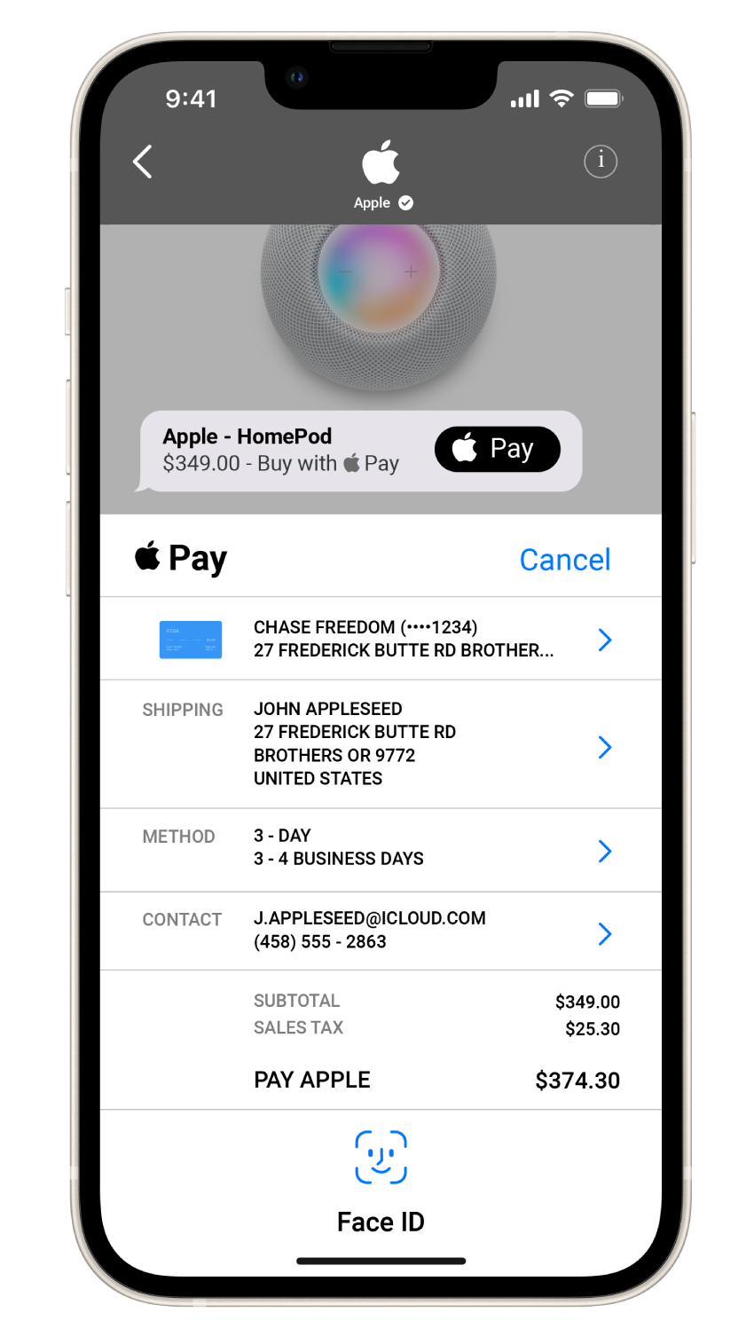 iPhone screen showing an Apple Pay checkout for Apple Messages for Business. The message displays a HomePod product card with a “Buy with Apple Pay” button. Below, Apple Pay interface details the payment method, shipping address, and contact information, followed by a Face ID prompt for secure authentication.