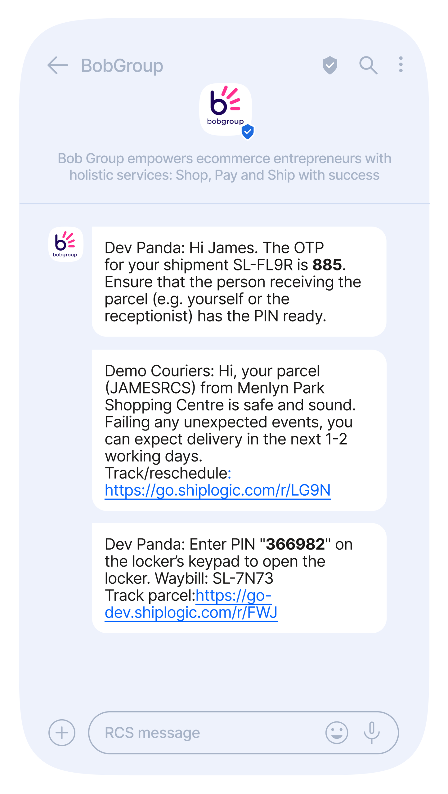 Phone screen showing an OTP message which can be used to confirm delivery of a parcel.