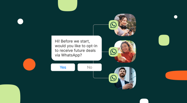 A visual intro into the Bulk WhatsApp messages blog. A message bubble asks, "Hi! Before we start, would you like to opt-in to receive future deals via WhatsApp?" with two response buttons below labeled "Yes" and "No." To the right are three images of people using smartphones, each with a WhatsApp icon next to their picture.