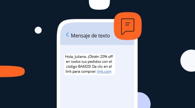Captura de pantalla de un mensaje de texto que ofrece un 20% de descuento con un código promocional.