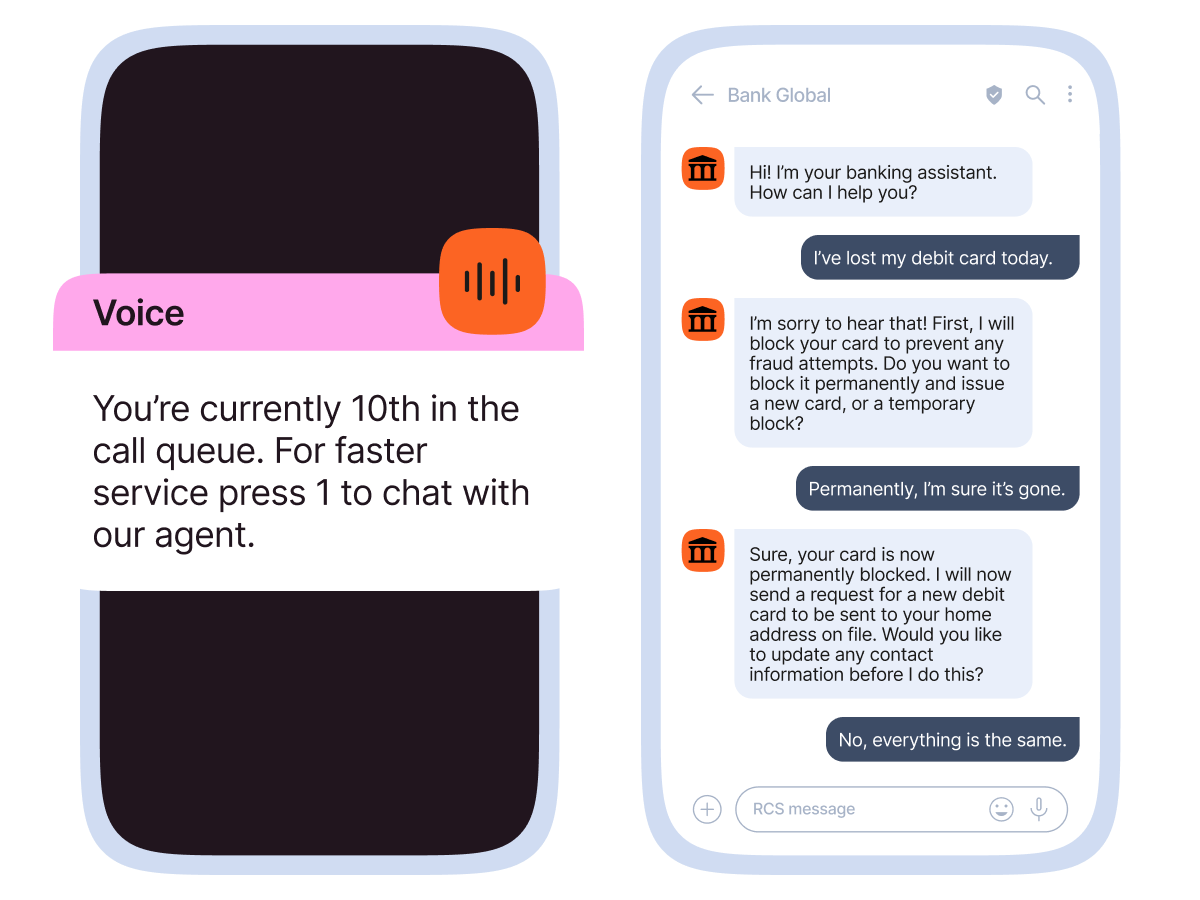 Two smartphone screens are shown side by side. The left screen displays a voice call queue message with a black screen background and a pink banner labeled "Voice" with a sound wave icon. The text reads: "You’re currently 10th in the call queue. For faster service press 1 to chat with our agent." The right screen shows a chat conversation with "Bank Global." The bank assistant opens with, "Hi! I’m your banking assistant. How can I help you?" The user replies, "I’ve lost my debit card today." The assistant responds, "I’m sorry to hear that! First, I will block your card to prevent any fraud attempts. Do you want to block it permanently and issue a new card, or a temporary block?" The user replies, "Permanently, I’m sure it’s gone." The assistant confirms, "Sure, your card is now permanently blocked. I will now send a request for a new debit card to be sent to your home address on file. Would you like to update any contact information before I do this?" The user responds, "No, everything is the same." The phone interface shows the same message input area as in the first image with icons for attachments, emojis, and voice input.