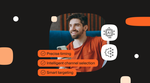 Person sitting on a blue couch holding a smartphone, surrounded by icons representing AI and automation. Orange text boxes highlight three features: "Precise timing," "Intelligent channel selection," and "Smart targeting."