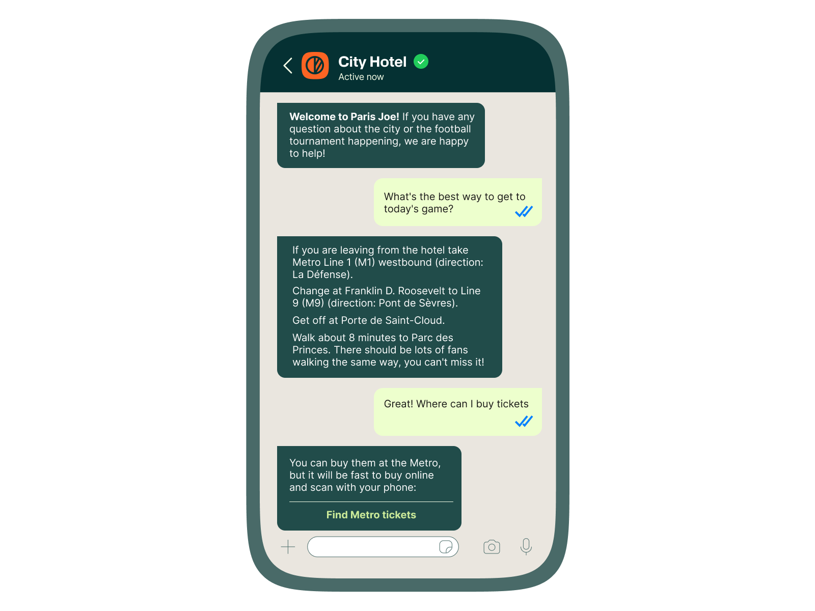 WhatsApp chat transcript from City Hotel providing directions to today's football game, including Metro Line 1 route, transfer instructions, walking time, and a button labeled 'Find Metro tickets' for buying Metro tickets online.