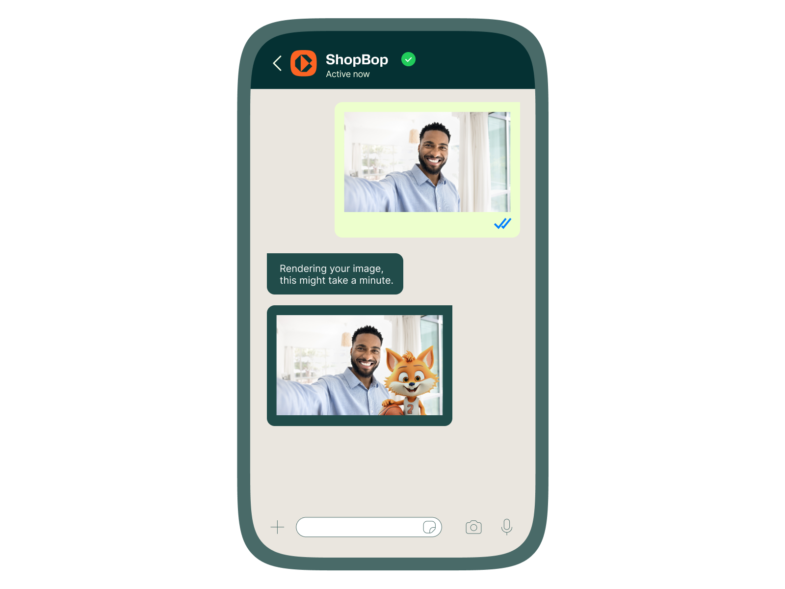 WhatsApp chat showing a user photo above a message stating 'Rendering your image, this might take a minute', alongside an animated fox character.
