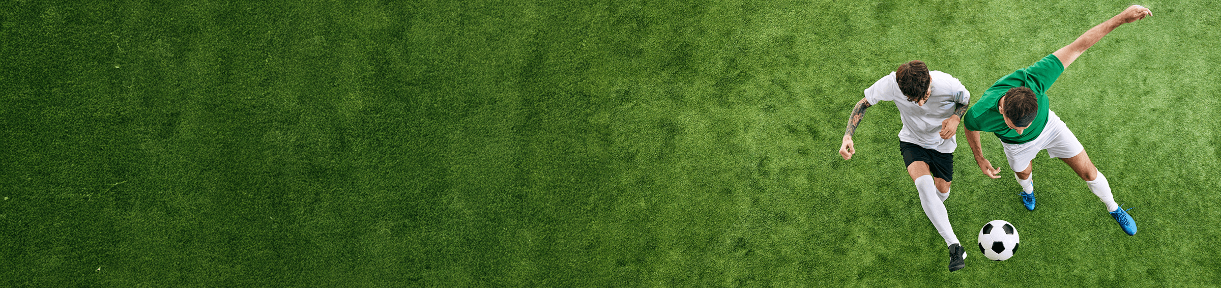 Aerial view of two football players contesting for the ball on a vibrant green pitch, with white tactical markings overlaid illustrating player positions and movement.