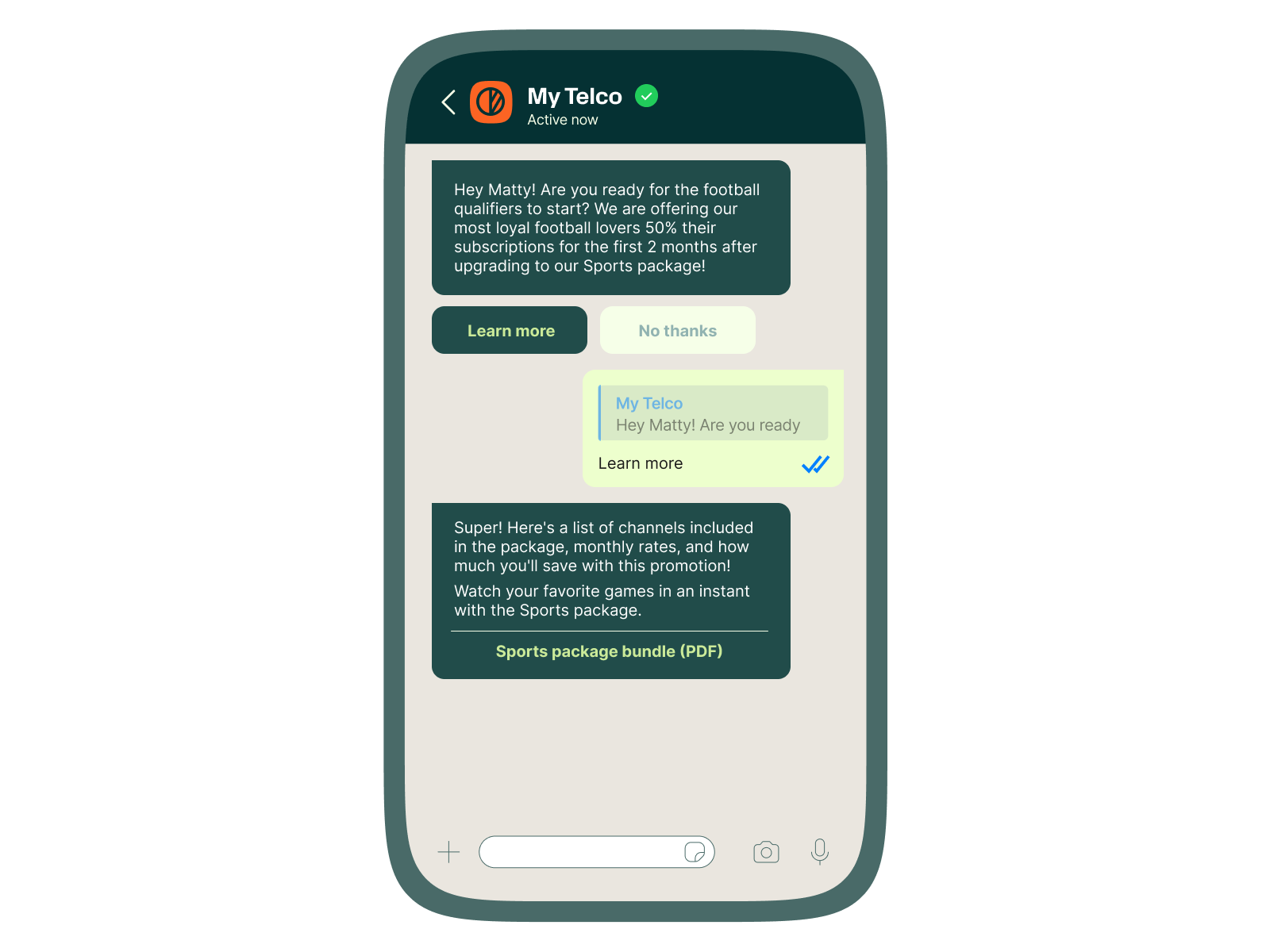 Chat message from 'My Telco' offering a 50% discount on the first 2 months of a sports package subscription with buttons 'Learn more' and 'No thanks', followed by a message listing channels, monthly rates, and a downloadable sports package PDF.