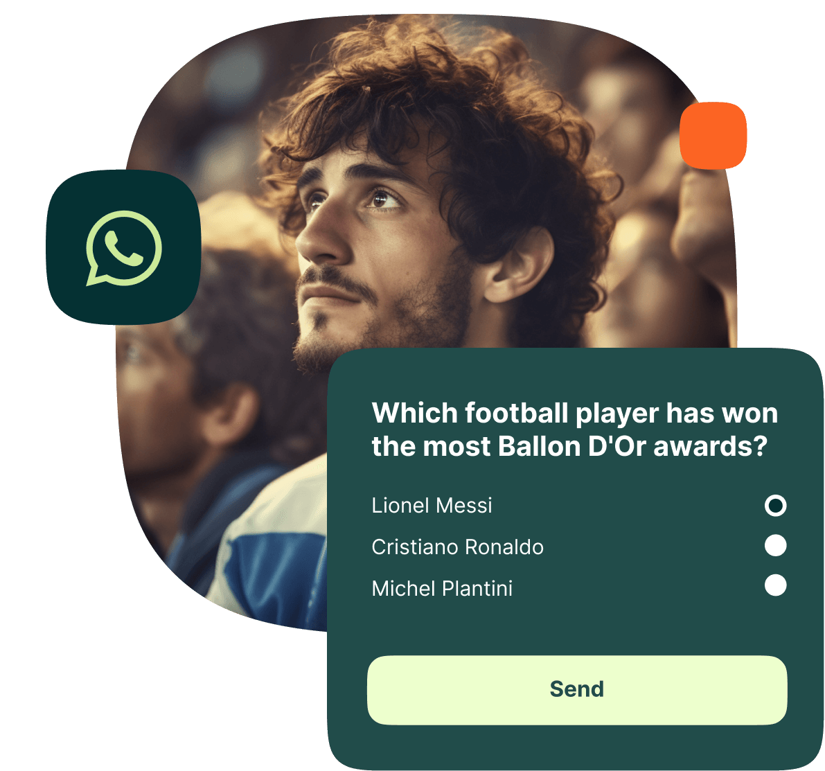 Photo of spectators at a football game with an overlay of a WhatsApp quiz asking: 'Which football player has won the most Ballon D'Or awards?' Options are Lionel Messi, Cristiano Ronaldo, Michael Platini, with Lionel Messi selected.