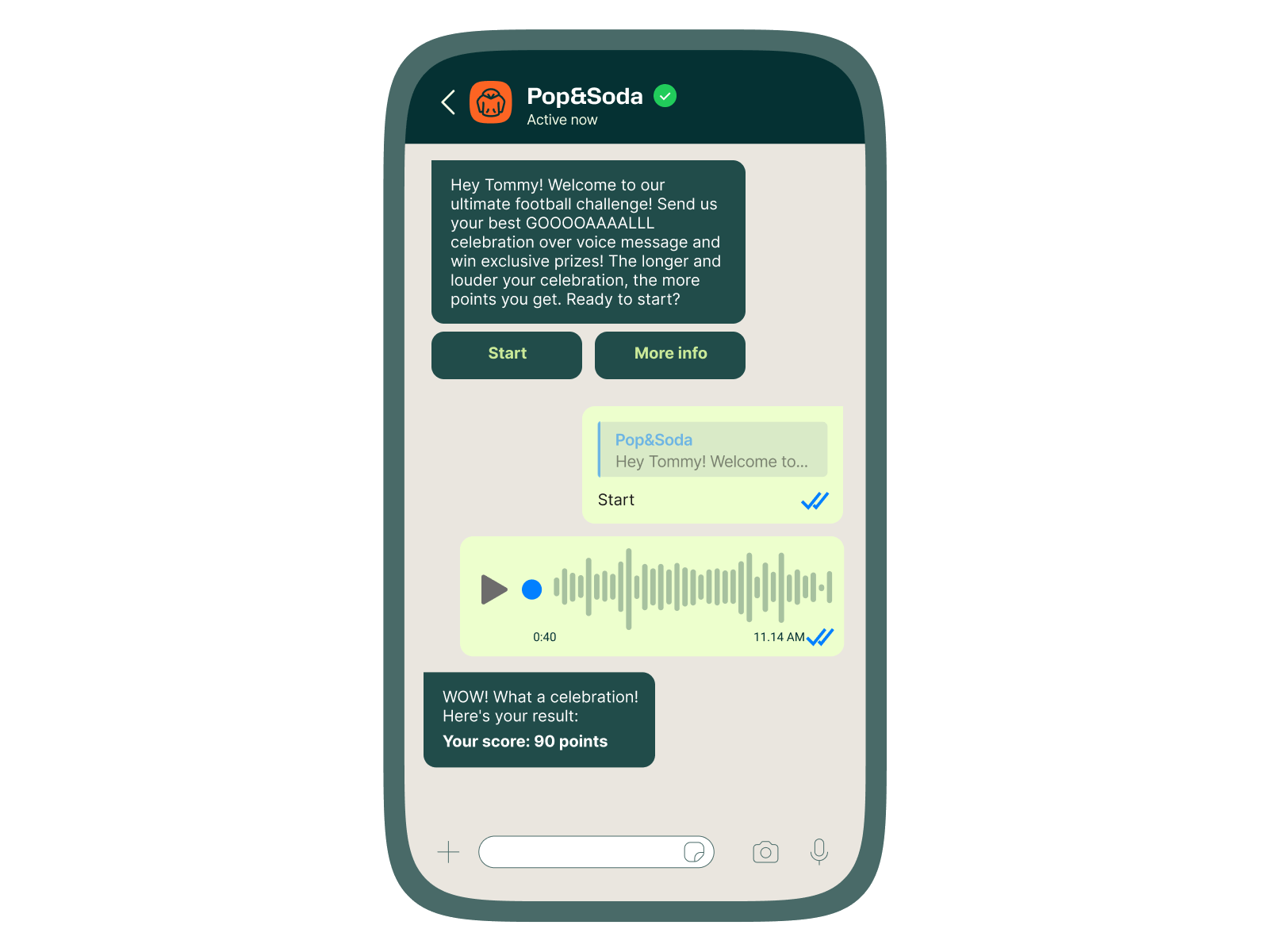 Mobile chat interface from Pop&Soda inviting the user to participate in a football celebration challenge by sending a voice message, featuring buttons labeled 'Start' and 'More info', and displaying a voice message playback with a score result of 90 points in the chat.