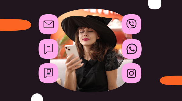 Person dressed in a black witch costume with a pointed hat, holding a smartphone. Surrounding the person are pink icons representing communication methods, including email, chat bubbles, phone call, WhatsApp, and Instagram.