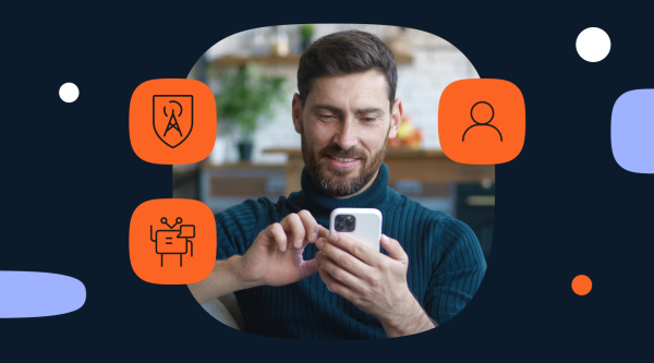 A person wearing a dark blue sweater is sitting indoors and using a smartphone. Surrounding the person are three orange icons: one with a shield and antenna symbol, another with a robot symbol representing AI or automation, and a third with a user profile icon.