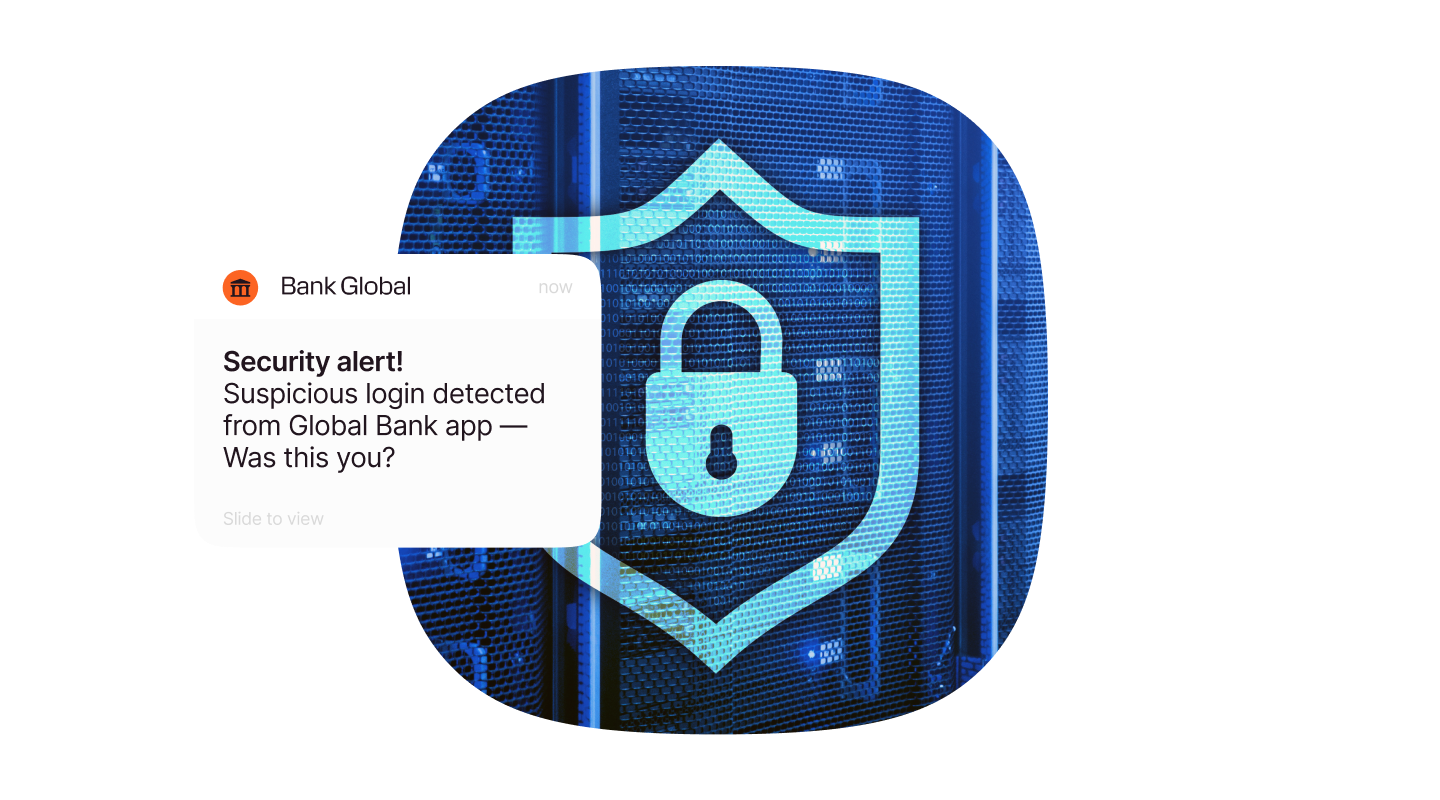 Bank Global notification: “Security alert—Suspicious login detected. Was this you?” over a blue padlock/shield graphic.