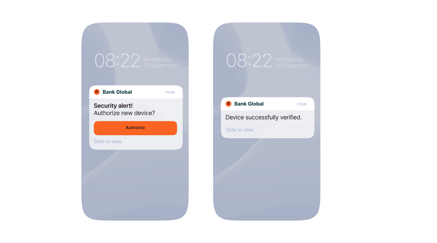 Two phone notifications: “Security alert—Authorize new device?” with an Authorize button, then “Device successfully verified.”