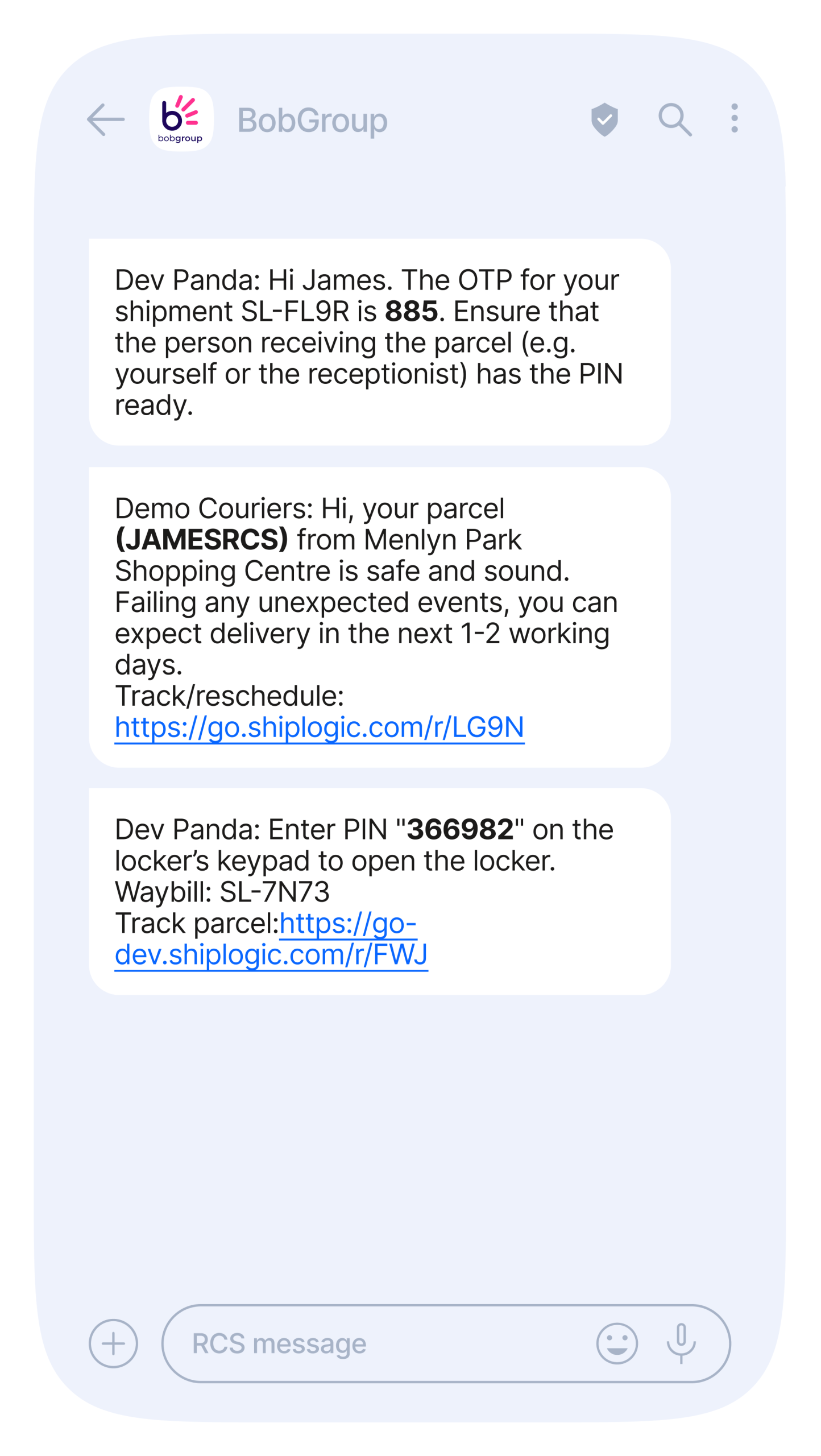 Phone screen showing an OTP confirmation message proving delivery of a parcel.