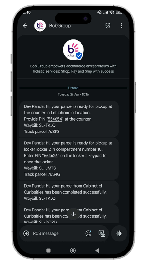 A screenshot of an RCS notification about a parcel pick up.