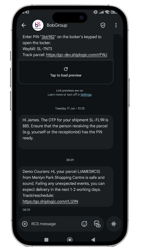 An example of an RCS message providing the customer with an OTP so that they can receive a parcel