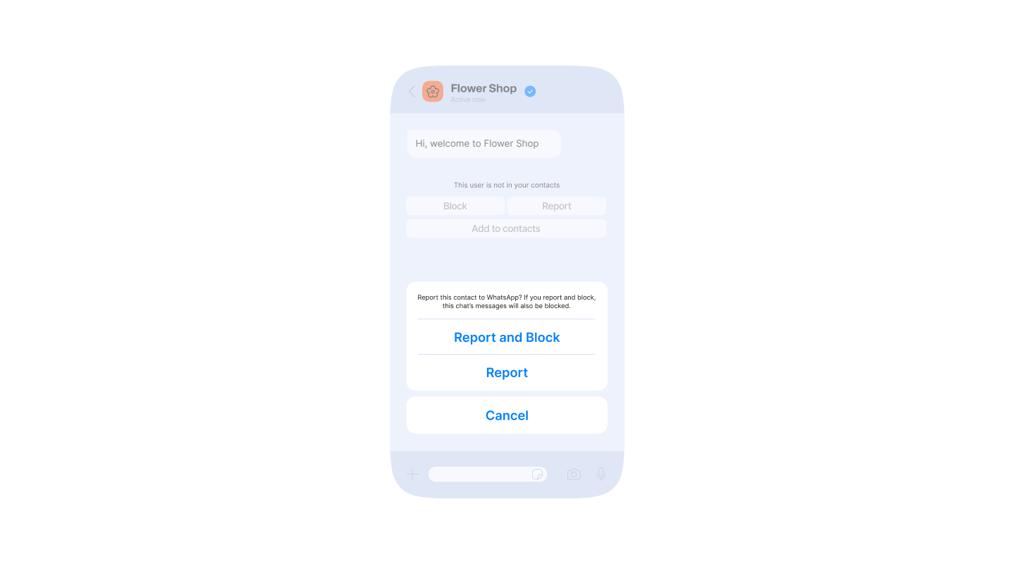 Close-up of a WhatsApp chat screen from “Flower Shop” showing options: Block, Report, Add to contacts, and a pop-up with buttons for “Report and Block,” “Report,” and “Cancel.”