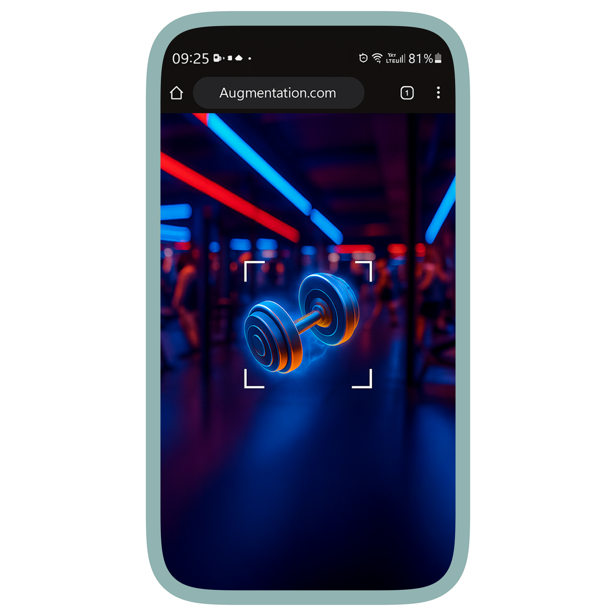 A smartphone screen shows a webpage with the URL "Augmentation.com." The image on the screen displays a virtual, glowing dumbbell surrounded by a blue and red neon-lit gym environment.