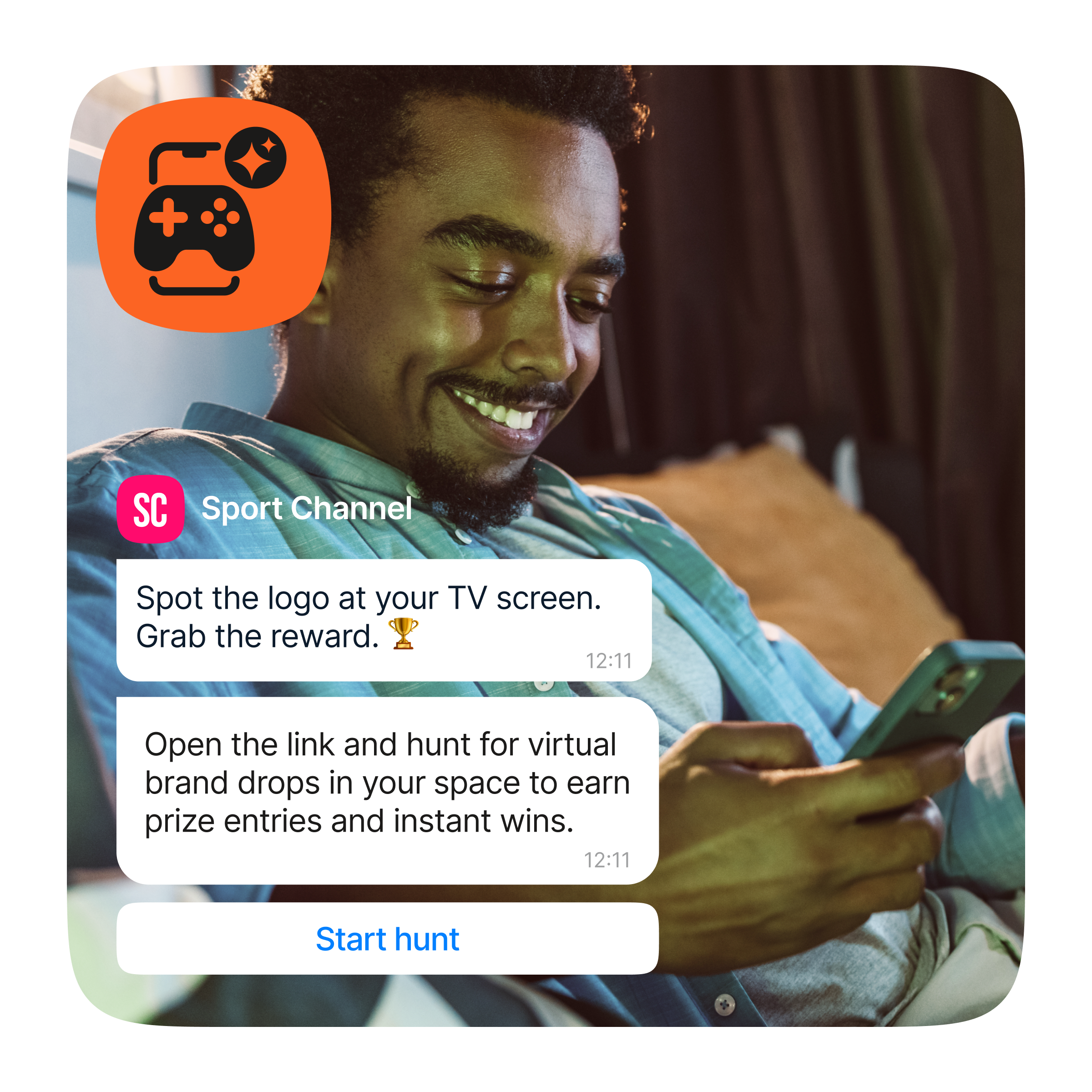 A person sitting on a couch holding a smartphone. A chat overlay from "Sport Channel" instructs to spot the logo on the TV screen and then open a link to hunt for virtual brand drops to earn prize entries and instant wins, with a button labeled "Start hunt."