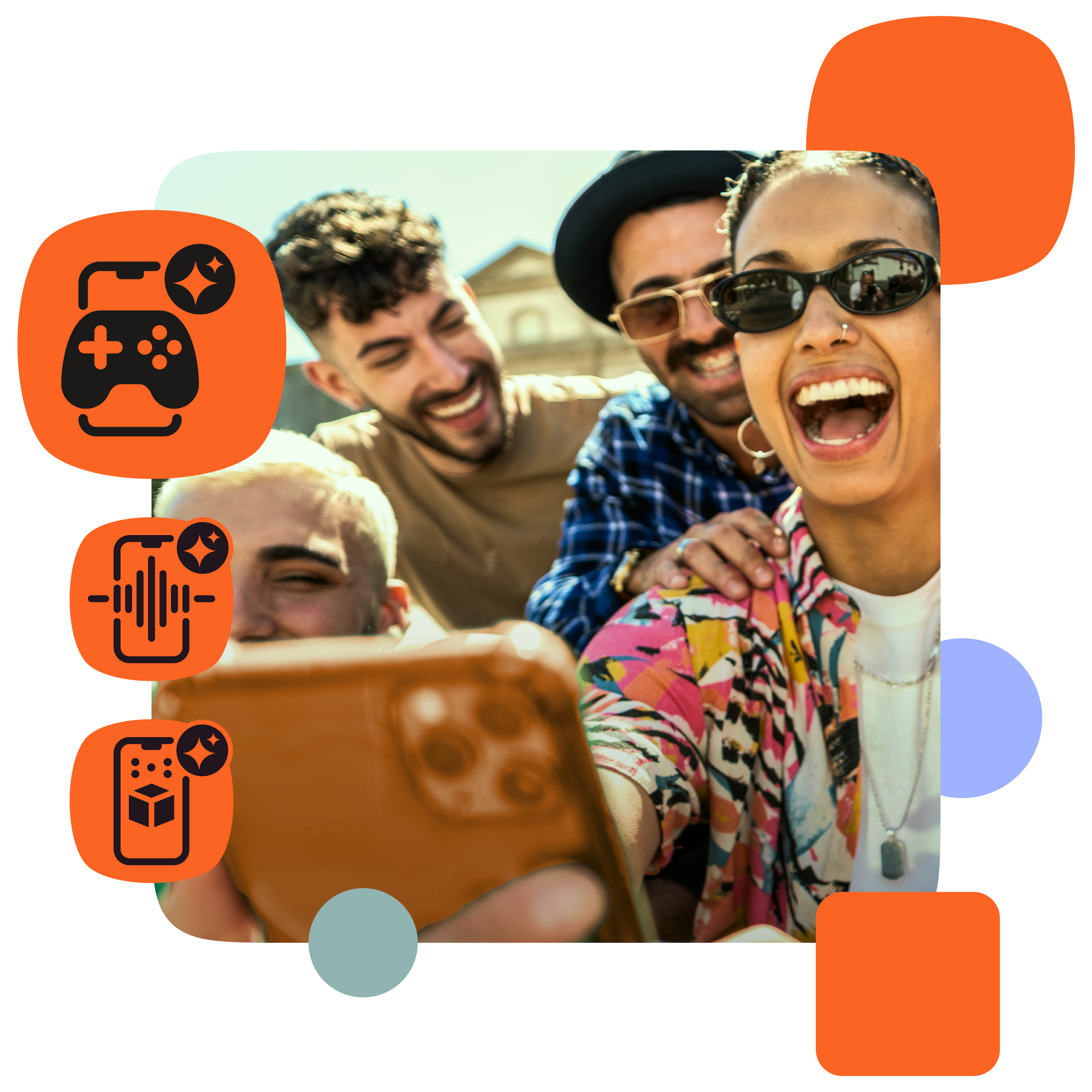 A group of four young people gathered closely together outdoors, smiling and enjoying each other's company. One person is wearing a colorful patterned shirt and a necklace with a dog tag, while another is sporting a blue checkered shirt and a wide-brimmed hat. They appear to be taking a selfie or looking at something on a smartphone held in the foreground. The background shows a building with classical architecture under a clear sky, suggesting a sunny day. Surrounding the image are graphic elements including orange and purple rounded squares and icons representing gaming and technology themes on the left side, set against a black background.