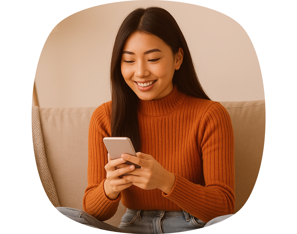 A woman in an orange turtle neck sweater is sitting on a couch smiling at her phone.